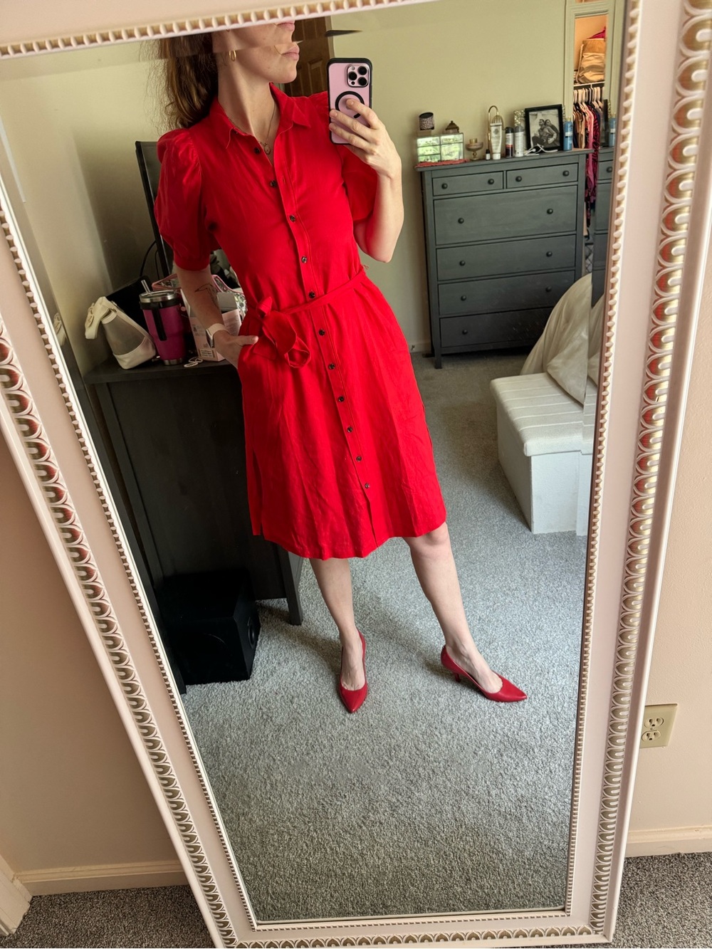 Ann Taylor Vibrant Red Button-Front Midi Shirt Dress